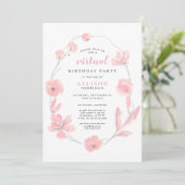 Pink Floral Waterverf Virtual Birthday Party Kaart (Staand voorkant)