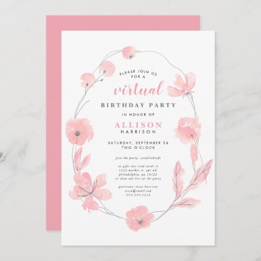 Pink Floral Waterverf Virtual Birthday Party Kaart (Voorkant / Achterkant)