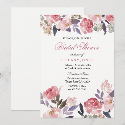 Pink Floral Waterverf Vrijgezellenfeest Uitnodigen Kaart (Voorkant / Achterkant)