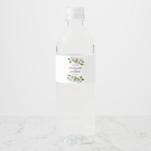 Pink Floral Waterverf Wedding |Apple Blossom Waterfles Etiket (Voorkant)