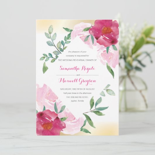 Pink Floral Waterverf Wedding Rehearsal Dinner Kaart (Staand voorkant)