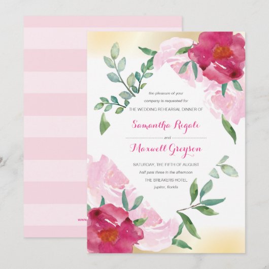 Pink Floral Waterverf Wedding Rehearsal Dinner Kaart (Voorkant / Achterkant)