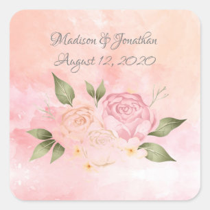 Pink Floral Waterverf Wedding Vierkante Sticker