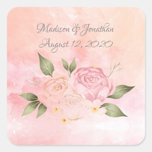 Pink Floral Waterverf Wedding Vierkante Sticker (Voorkant)