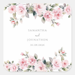 Pink Floral Waterverf Wedding Vierkante Sticker