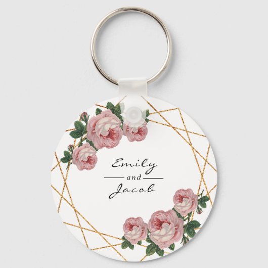 Pink Floral Wed Elegant Gold Glitter Geometric Sleutelhanger (Voorkant)