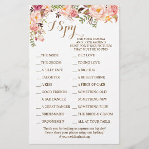 Pink Floral Weddenschap Opname I Spy Game Card Flyer