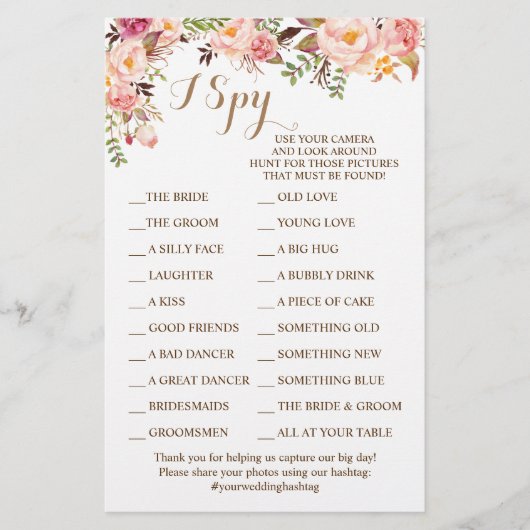 Pink Floral Weddenschap Opname I Spy Game Card Flyer (Voorkant)