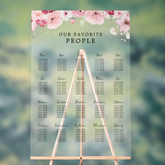 Pink Floral Wedding 20 Table Seating Chart Acryl Bord (Neutraal)