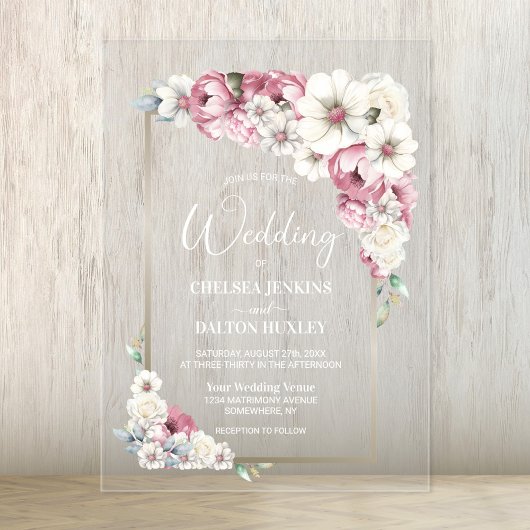 Pink Floral Wedding Acryl Uitnodigingen
