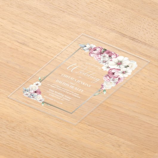 Pink Floral Wedding Acryl Uitnodigingen (Laagn)