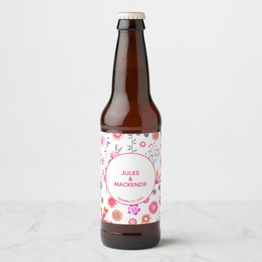 Pink Floral Wedding Bier Etiket (Voorkant)