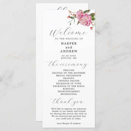 Pink Floral Wedding Ceremony Programme Programmakaart (Voorkant / Achterkant)