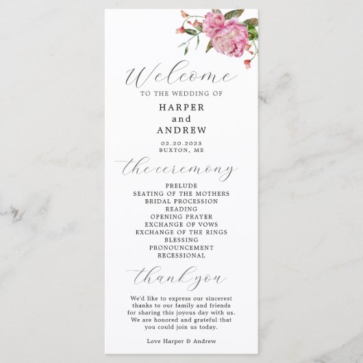 Pink Floral Wedding Ceremony Programme Programmakaart (Voorkant)