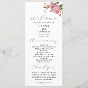 Pink Floral Wedding Ceremony Programme Programmakaart