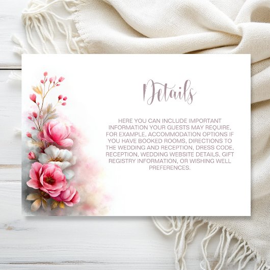 Pink Floral Wedding Details Informatiekaartje
