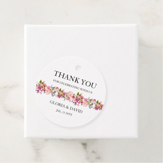 Pink Floral Wedding Favor Labels (In situ)