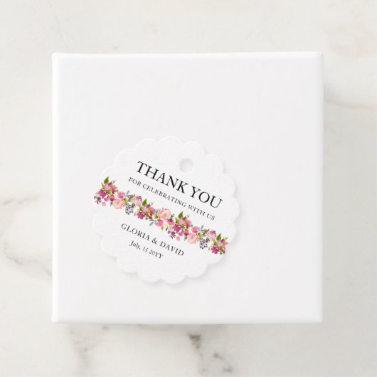 Pink Floral Wedding Favor Labels (In situ)
