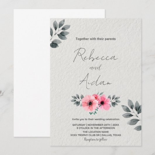 Pink Floral Wedding Invitations Kaart (Voorkant / Achterkant)