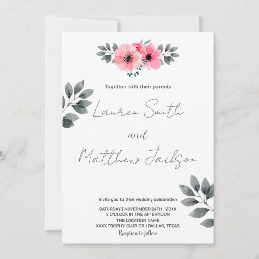 Pink Floral Wedding Invitations Kaart (Voorkant)