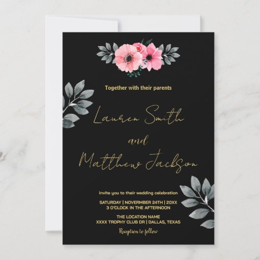 Pink Floral Wedding Invitations Kaart (Voorkant)