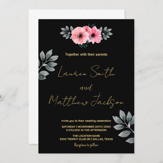 Pink Floral Wedding Invitations Kaart (Voorkant / Achterkant)
