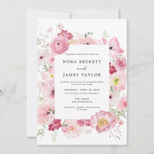 Pink Floral Wedding Kaart (Voorkant)