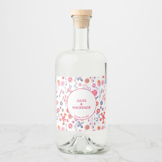 Pink Floral Wedding Likeurfles Etiket (Voorkant)