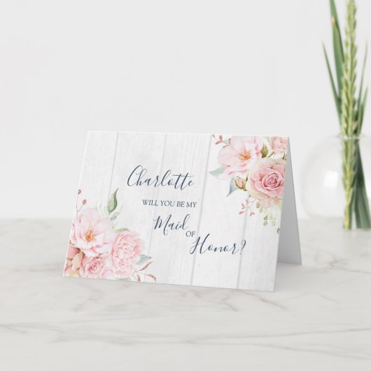 Pink Floral Wedding Maid of Honor Proposal Card Bedankkaart (Voorkant)