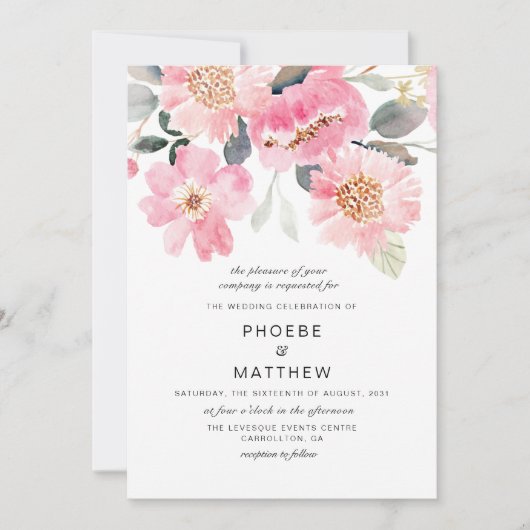 Pink Floral Wedding Modern Kaart (Voorkant)