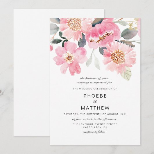 Pink Floral Wedding Modern Kaart (Voorkant / Achterkant)