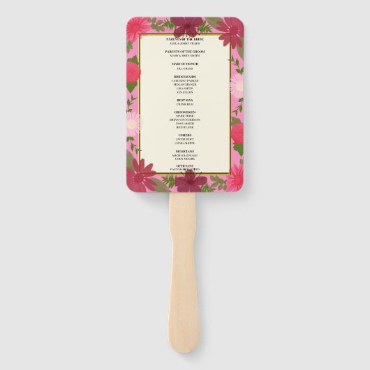 Pink Floral Wedding Programme Handwaaier (Achterkant)