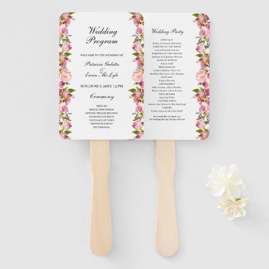 Pink Floral Wedding Programme set of Fans Handwaaier (Voorkant en achterkant)