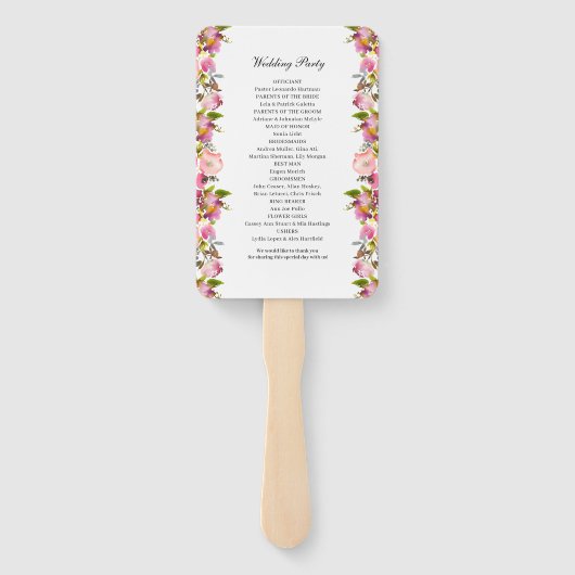 Pink Floral Wedding Programme set of Fans Handwaaier (Achterkant)