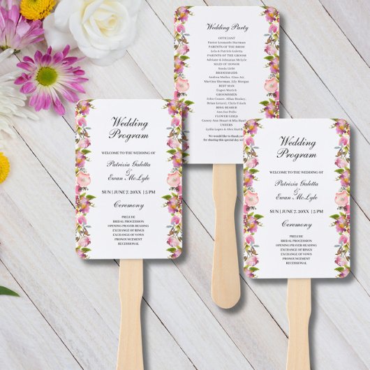 Pink Floral Wedding Programme set of Fans Handwaaier