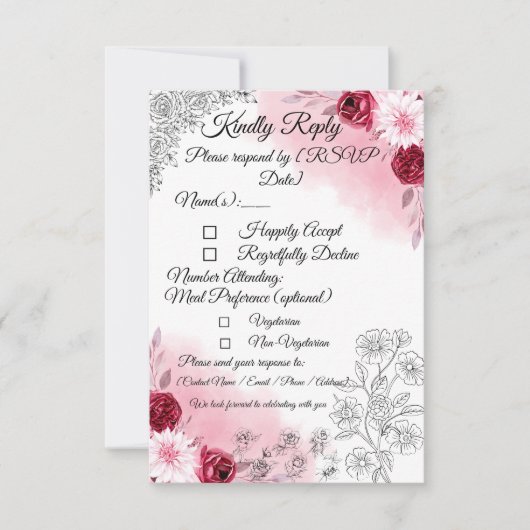 Pink Floral Wedding RSVP Card | Romantic Kaartje (Voorkant)