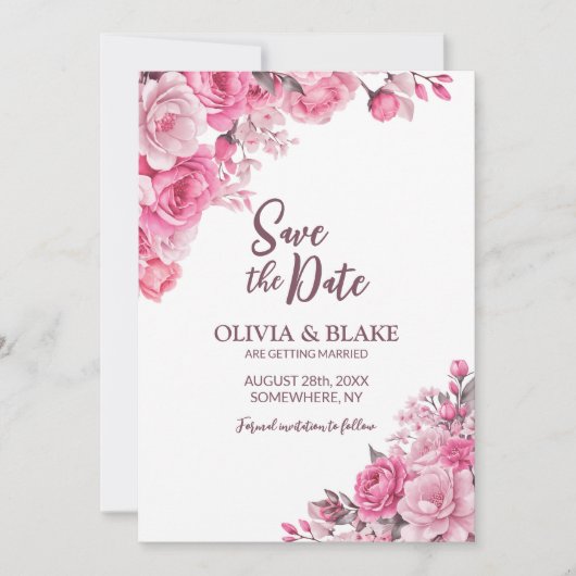 Pink Floral Wedding Save The Date (Voorkant)