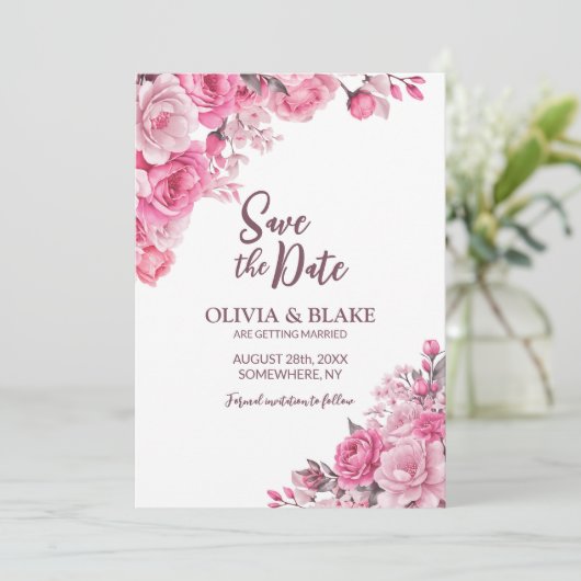 Pink Floral Wedding Save The Date (Staand voorkant)