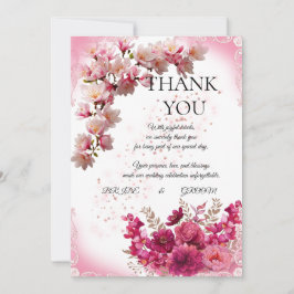 Pink Floral Wedding Thank You Card on White Bedankkaart