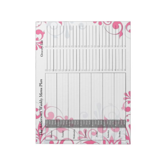 Pink Floral Weekly Personalized Menu Plan Notitieb Notitieblok (Linkerzijde)