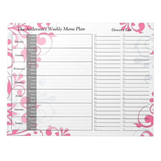 Pink Floral Weekly Personalized Menu Plan Notitieb Notitieblok (Voorkant)
