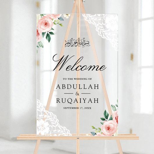 Pink Floral White Lace Muslim Wedding Welcome Acryl Bord