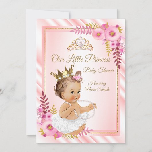 Pink Floral White Princess Baby shower Brunette Kaart (Voorkant)