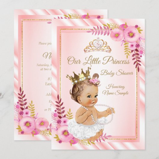 Pink Floral White Princess Baby shower Brunette Kaart (Voorkant / Achterkant)