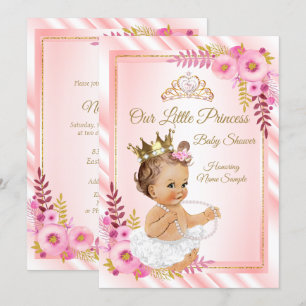 Pink Floral White Princess Baby shower Brunette Kaart