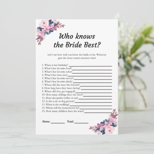 Pink Floral Wie kent de Bruid Beste Spel Kaarten (Staand voorkant)