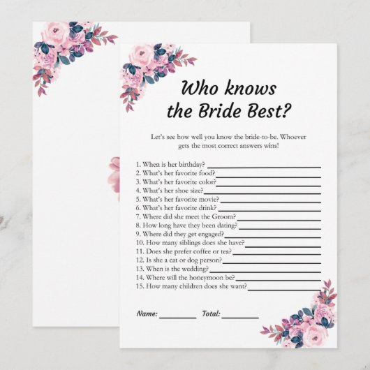 Pink Floral Wie kent de Bruid Beste Spel Kaarten (Voorkant / Achterkant)