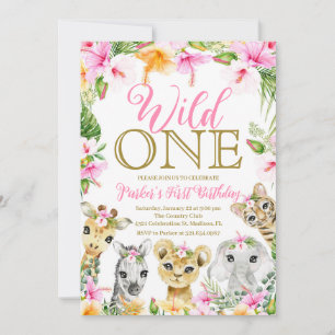 Pink Floral Wild One Oerwoud Safari Birthday Girl Kaart