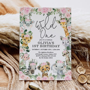 Pink Floral Wild One Oerwoud Safari Birthday Girl Kaart