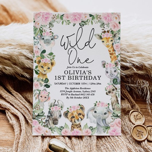 Pink Floral Wild One Oerwoud Safari Birthday Girl Kaart